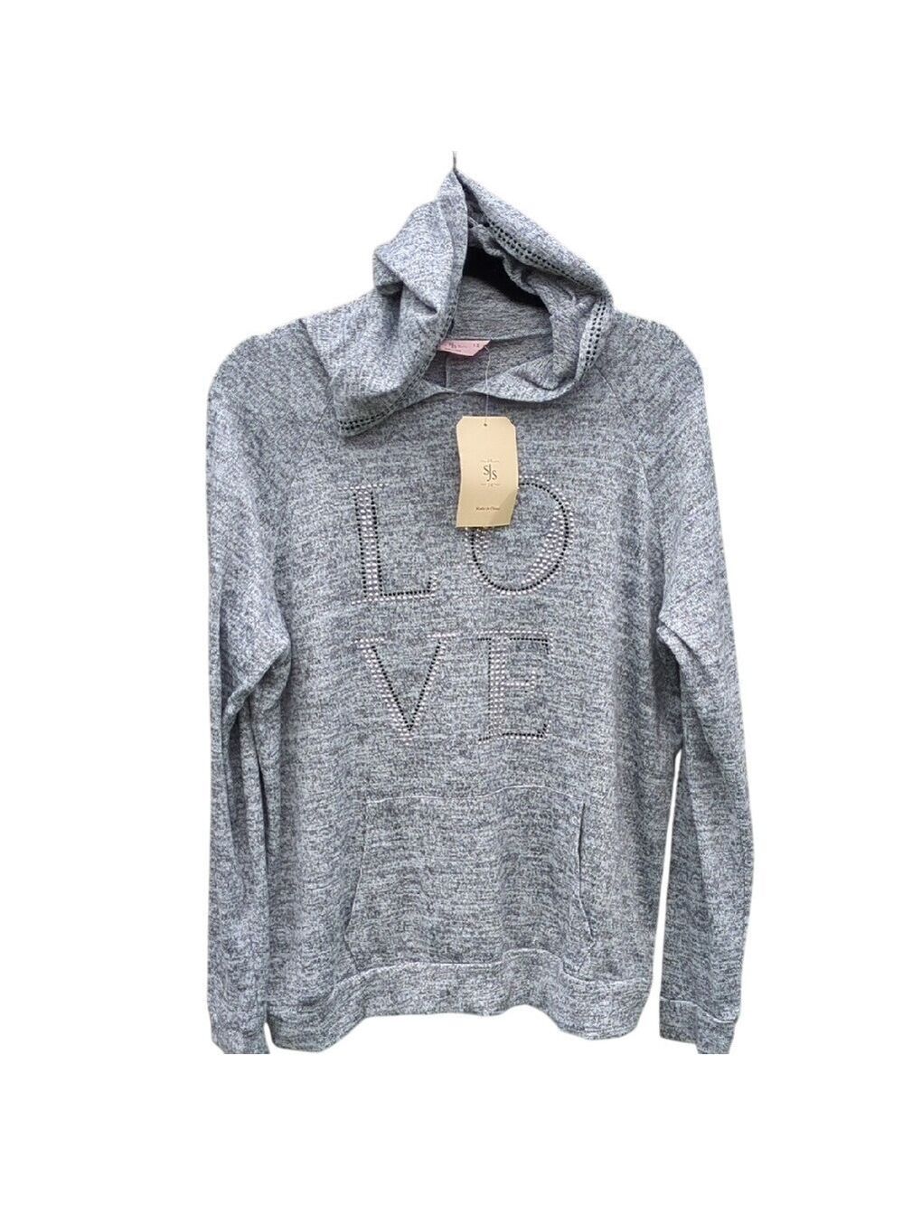 SJS Womens Gray Love Rhinestone Hoodie Plus Size 1X - Picture 1 of 7